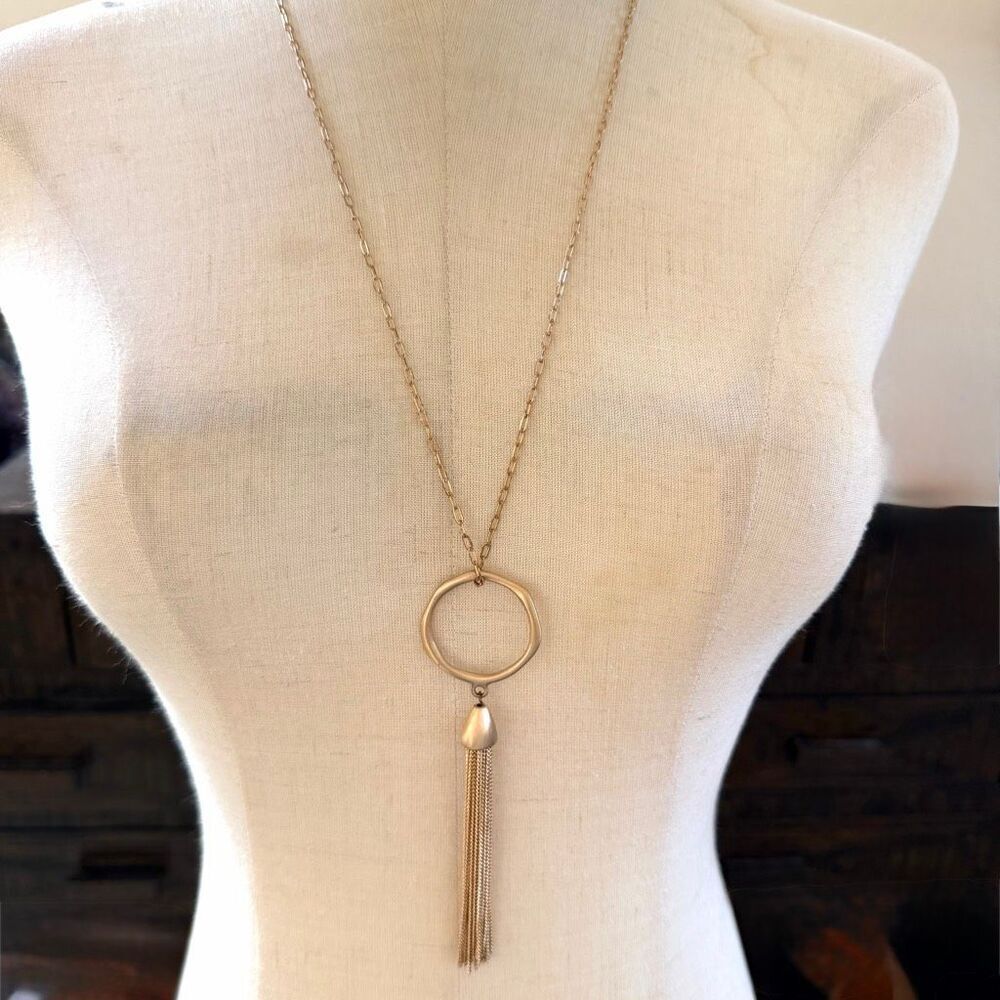 Gold Tone Hammered Circle Tassel Necklace
